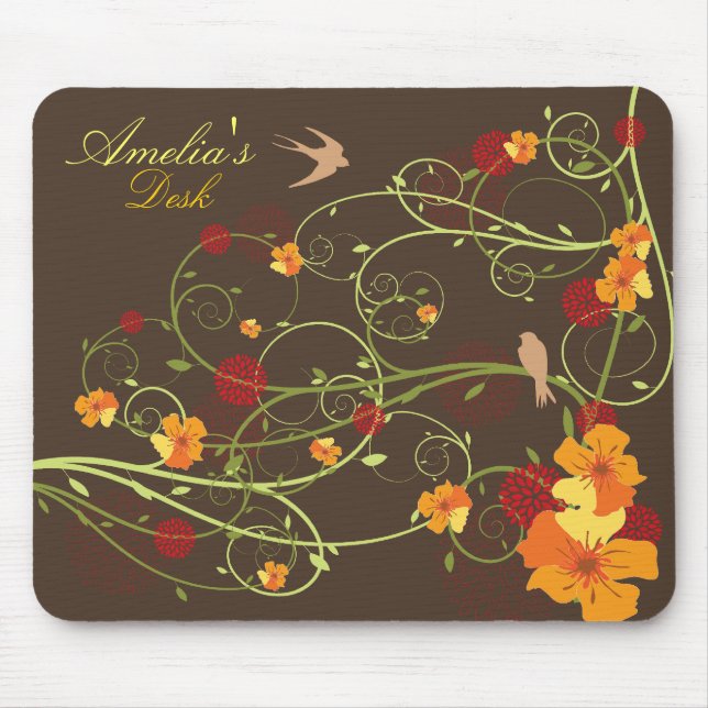 Yellow Hibiscus & Swallows Elegant Floral Garden Mouse Mat (Front)