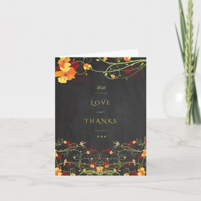 Yellow Hibiscus Swallows Floral Chalkboard Wedding Thank You Card (Front)