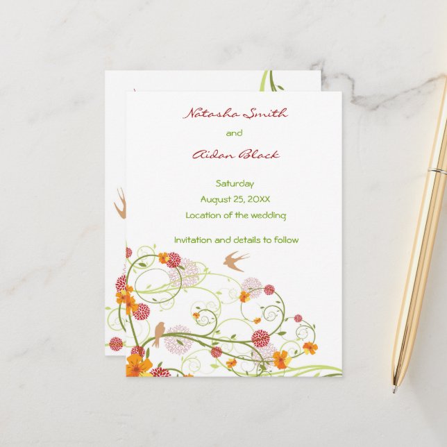 Yellow Hibiscus & Swallows Floral Save The Date Announcement Postcard (Front/Back In Situ)