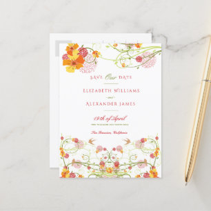 Yellow Hibiscus & Swallows Floral Save The Date Postcard