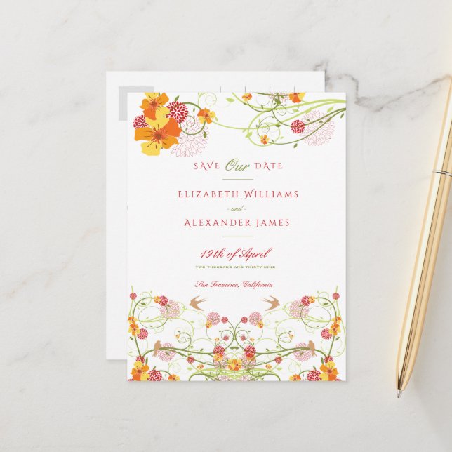 Yellow Hibiscus & Swallows Floral Save The Date Postcard (Front/Back In Situ)