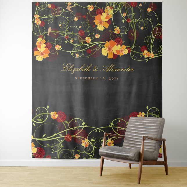 Yellow Hibiscus & Swallows Floral Wedding Backdrop Tapestry (In Situ)