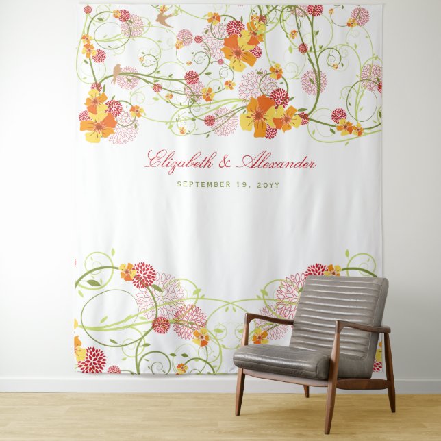 Yellow Hibiscus & Swallows Floral Wedding Backdrop Tapestry (In Situ)