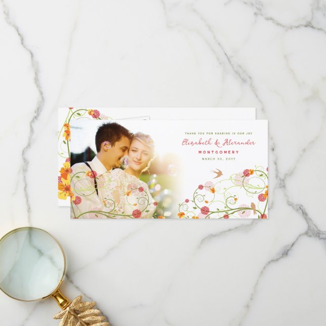 Yellow Hibiscus & Swallows Floral Wedding Photo Thank You Card (Front/Back In Situ)
