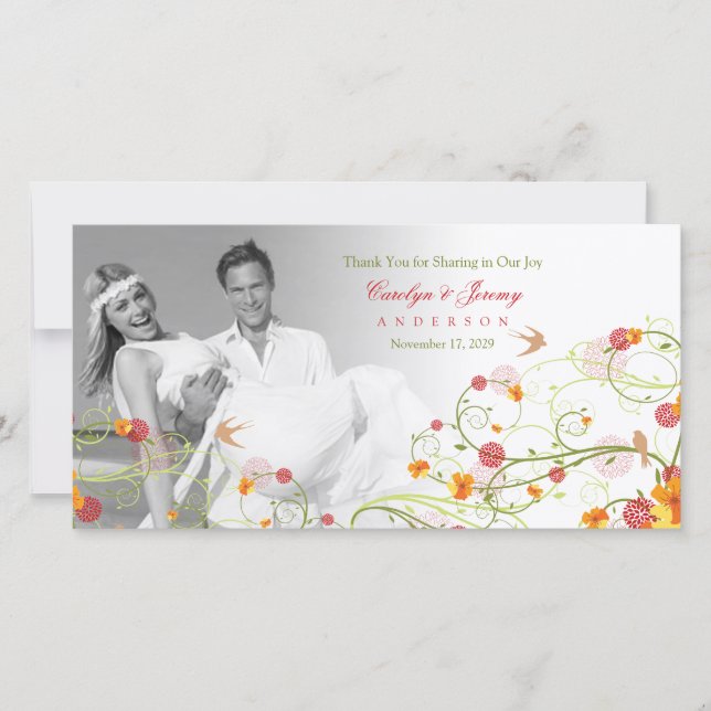 Yellow Hibiscus & Swallows Floral Wedding Photo Thank You Card (Front)
