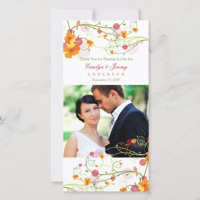 Yellow Hibiscus & Swallows Floral Wedding Photo Thank You Card (Front)