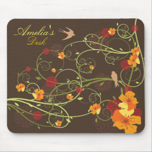Yellow Hibiscus Swirls And Swallows Elegant Floral Mouse Mat