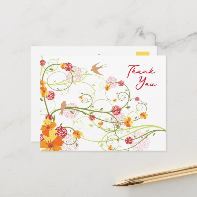 Yellow Hibiscus Swirls & Swallows Floral Thank You Postcard (Front/Back In Situ)