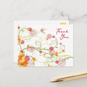 Yellow Hibiscus Swirls & Swallows Floral Thank You Postcard