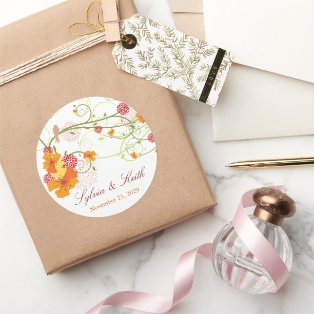 Yellow Hibiscus Swirls & Swallows Floral Wedding Classic Round Sticker (Gifting)