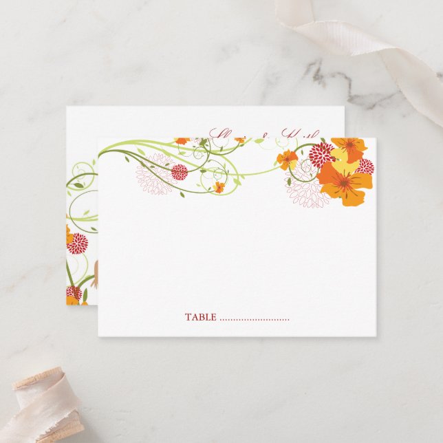 Yellow Hibiscus Swirls & Swallows Floral Wedding Place Card (Front/Back In Situ)