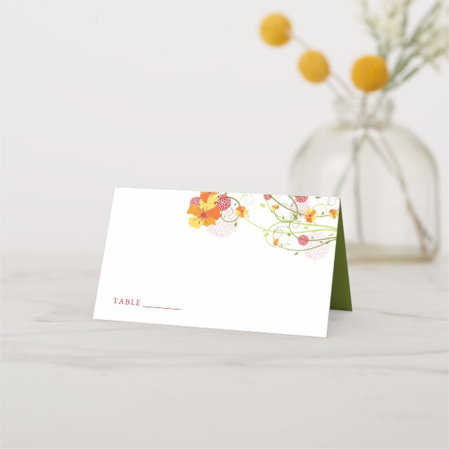 Yellow Hibiscus Swirls & Swallows Floral Wedding Place Card (Front)