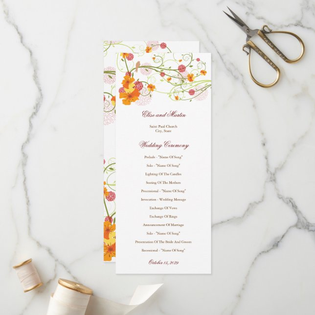 Yellow Hibiscus Swirls & Swallows Floral Wedding Programme (Front/Back In Situ)