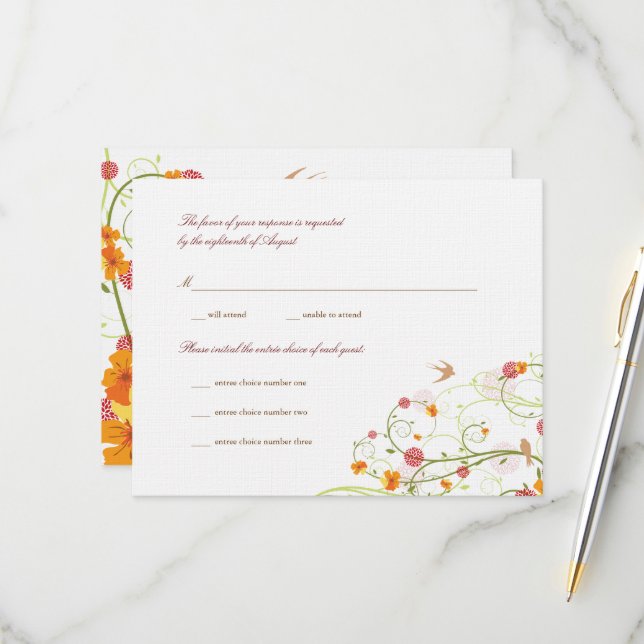 Yellow Hibiscus Swirls & Swallows Floral Wedding RSVP Card (Front/Back In Situ)