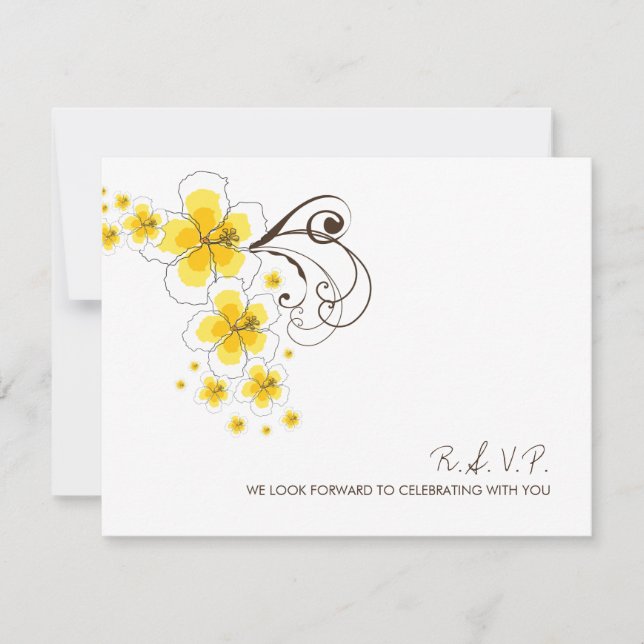 Yellow Hibiscus Tropical Beach Wedding RSVP Card (Front)