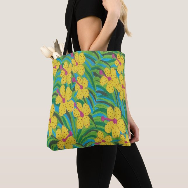 Yellow Hibiscus Tropical Print Tote Bag (Close Up)
