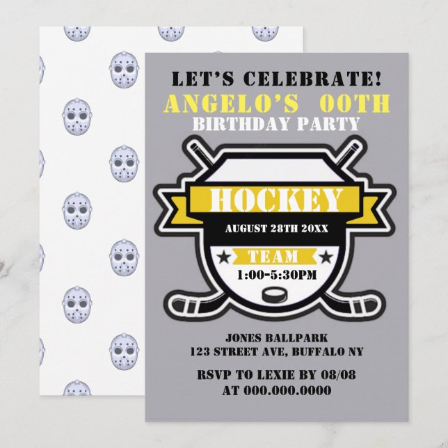 Yellow Hockey Theme Birthday Party Invites (Front/Back)