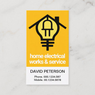 Yellow Home Bulb Power Plug Motif Electrician Business Card