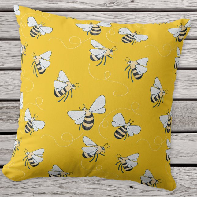 Yellow Honey Bee Cushion (Sunshine yellow honey bee pattern throw pillow for nature and pollinator lovers!)