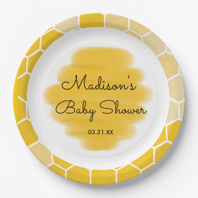 Yellow Honey Bee Theme Baby Shower Paper Plate (Front)