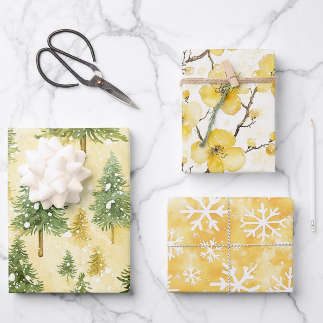 Yellow Honey Christmas Trees Floral Christmas Snow Wrapping Paper Sheet (Front)
