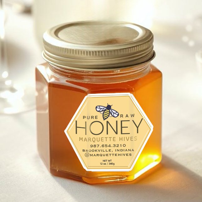 Yellow Honey Hexagon Label with Bees and Honeycomb (Creator Uploaded)