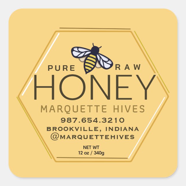 Yellow Honey Hexagon Label with Bees and Honeycomb (Front)
