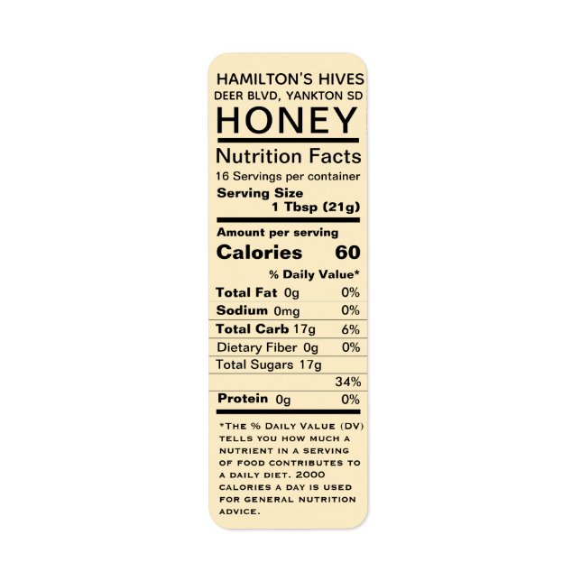 Yellow Honey Nutrition Facts Return Address Label (Front)