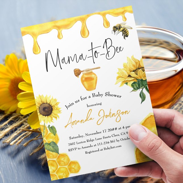 Yellow Honey Watercolor Sunflower Bee Baby Shower Invitation (Creator Uploaded)
