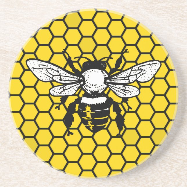 Yellow honeybee and honeycomb Sandstone Coaster (Front)