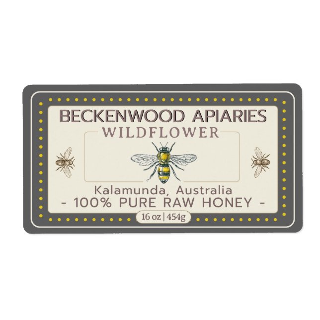 Yellow Honeybee Honey Label Grey Border (Front)