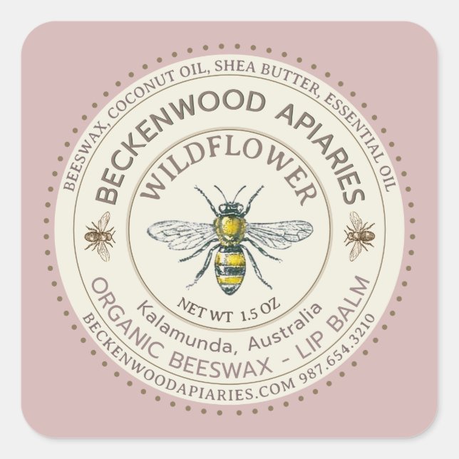 Yellow Honeybee LIP BALM Label Beekeeper Rose     (Front)