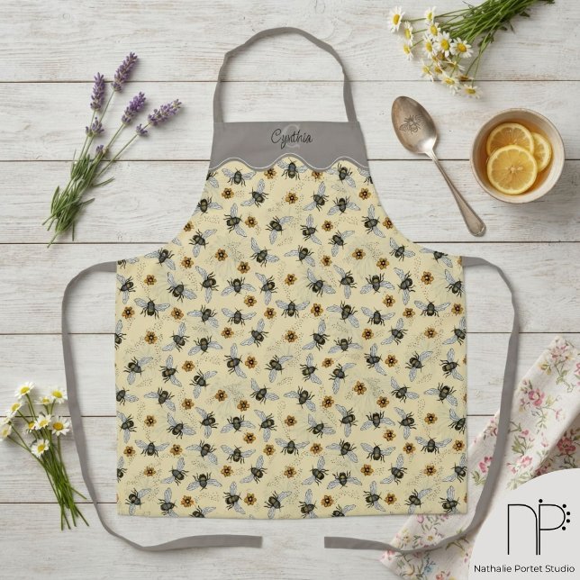 Yellow Honeybee Pattern Gardening Apron (This Yellow Honeybee Pattern Gardening Apron features hand-drawn bee and floral art.)