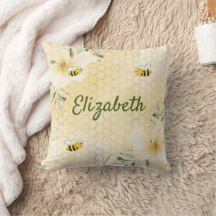 Yellow honeycomb bees flowers name fun cushion
