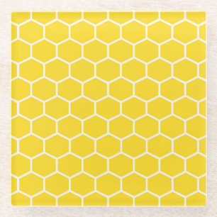Yellow Honeycomb Geometric White Lines Bumblebee Glass Coaster