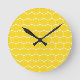 Yellow Honeycomb Geometric White Lines Bumblebee Round Clock