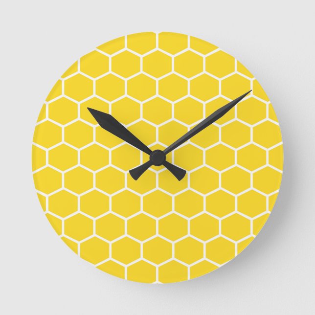 Yellow Honeycomb Geometric White Lines Bumblebee Round Clock (Front)