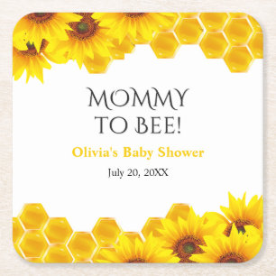 Yellow Honeycomb Mummy to Bee Baby Shower Square Paper Coaster