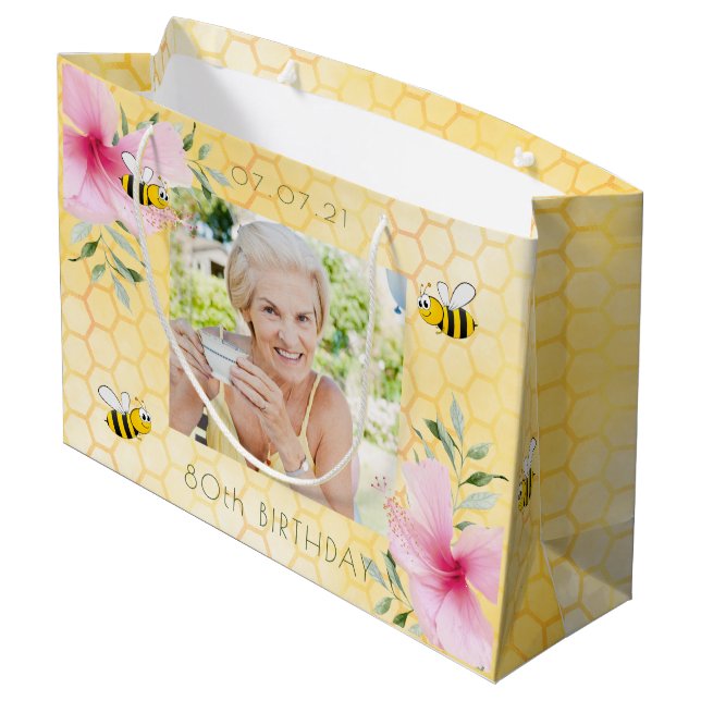 Yellow honeycomb photo pink florals 80th birthday large gift bag (Back Angled)