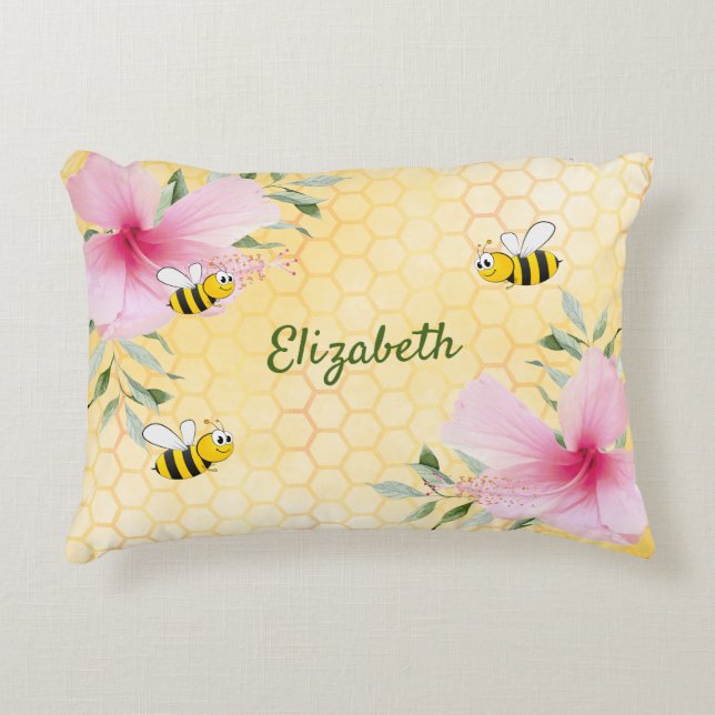 Yellow honeycomb pink flowers bees name decorative cushion (Front)