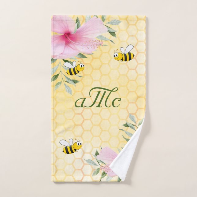 Yellow honeycomb pink flowers couple monogram hand towel (Hand Towel)