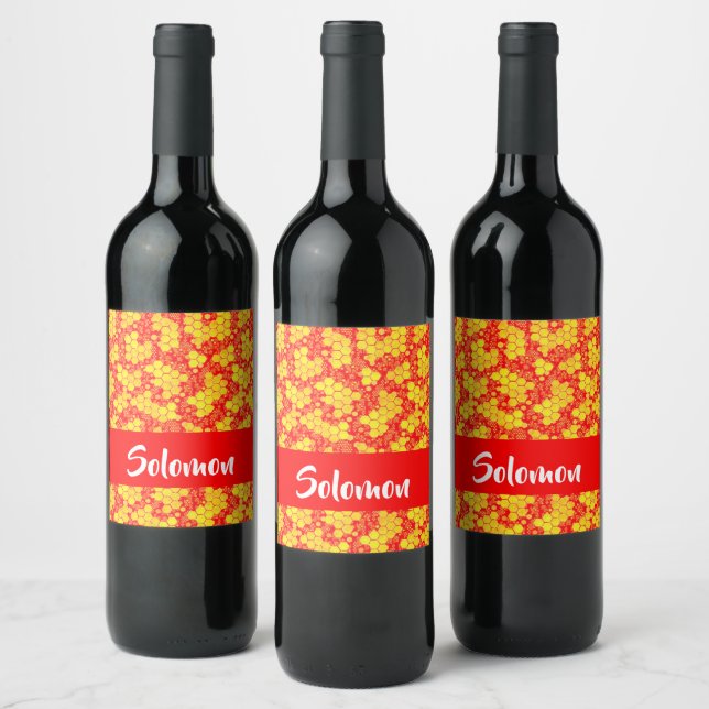 Yellow honeycombs on red wine label (Bottles)