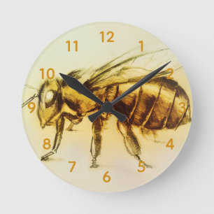 Yellow Hornet Bee Round Clock, Realistic Sketch Round Clock