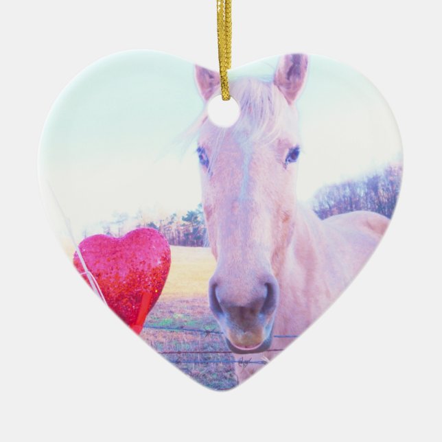 Yellow Horse and Red  Heart Ceramic Tree Decoration (Front)