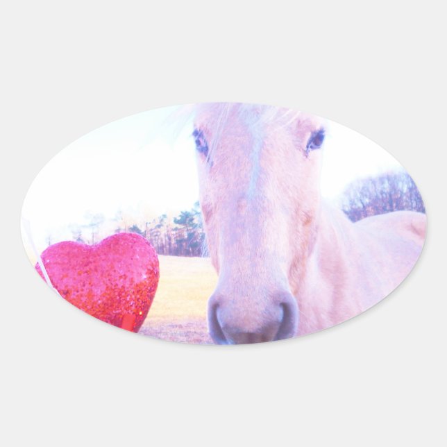 Yellow Horse and Red  Heart Oval Sticker (Front)