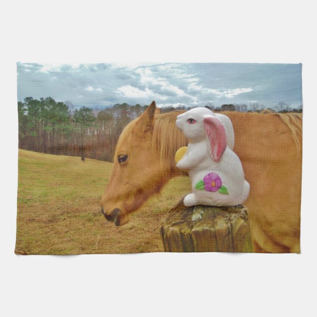 Yellow Horse, Spring Rabbit Tea Towel (Horizontal)