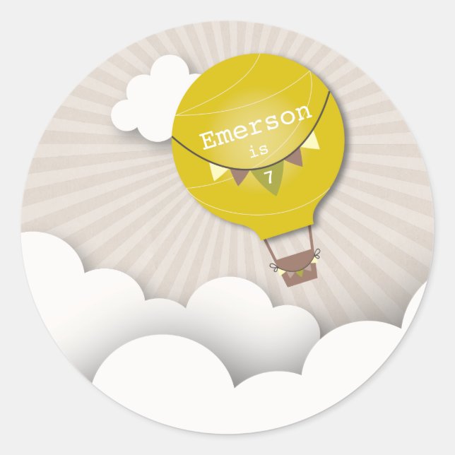 Yellow Hot Air Balloon Birthday Party Sticker (Front)