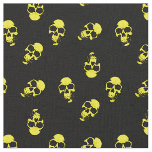 Yellow Human Skulls on Black Pattern Fabric