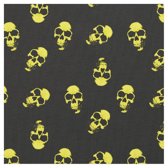 Yellow Human Skulls on Black Pattern Fabric (Close Up)
