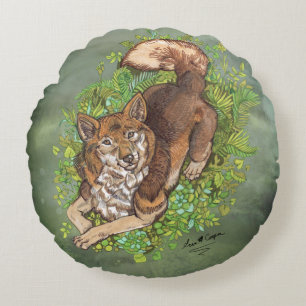 Yellow Husky Dog and Foliage Drawing Round Cushion